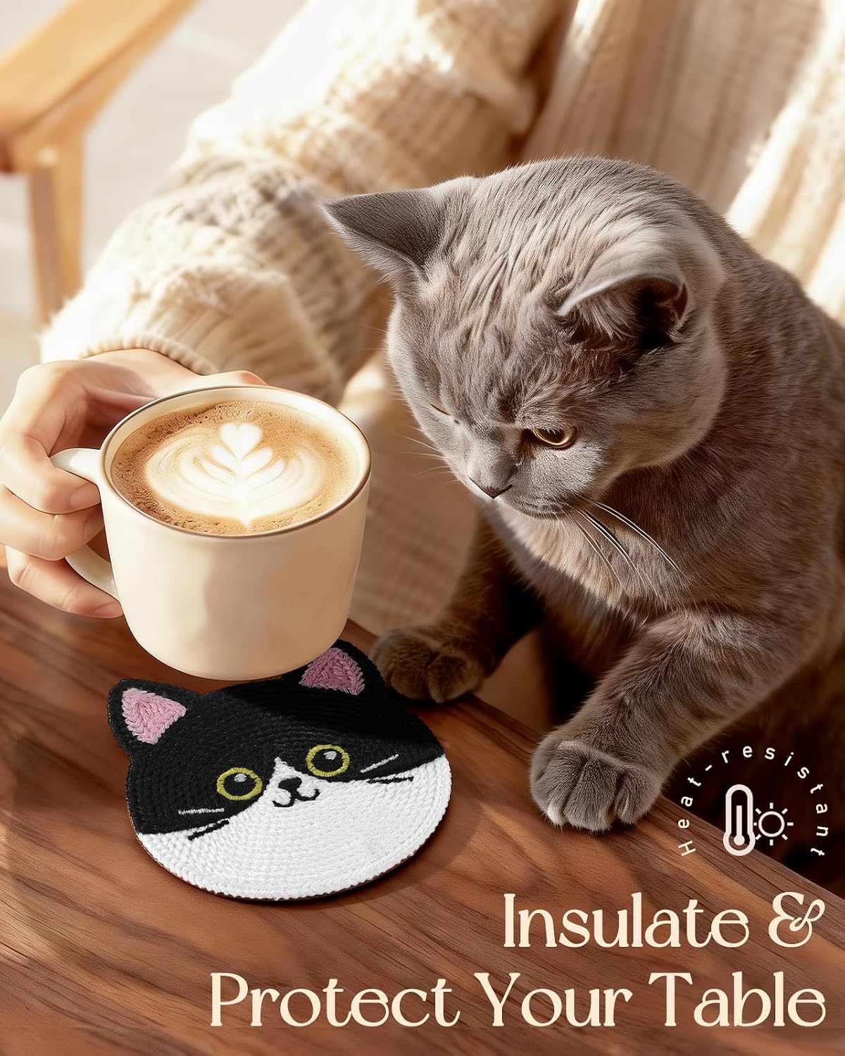 Slohif Cute Woven Drink Coasters Funny Gifts for Home Desk Coffee Table-Creative Cat Face Crochet Decor Gift Office Cup Coaster Accessories for Women Family (3pcs)