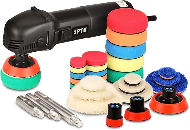 SPTA Mini Polisher, Buffer Polisher 25mm/50mm/80mm 780W, with 6 Variable Speeds, 27pcs Detail Polishing Buffing Pad Ideal for Car Sanding, Polishing, Waxing, Sealing Glaze - HROMPS3ACUK