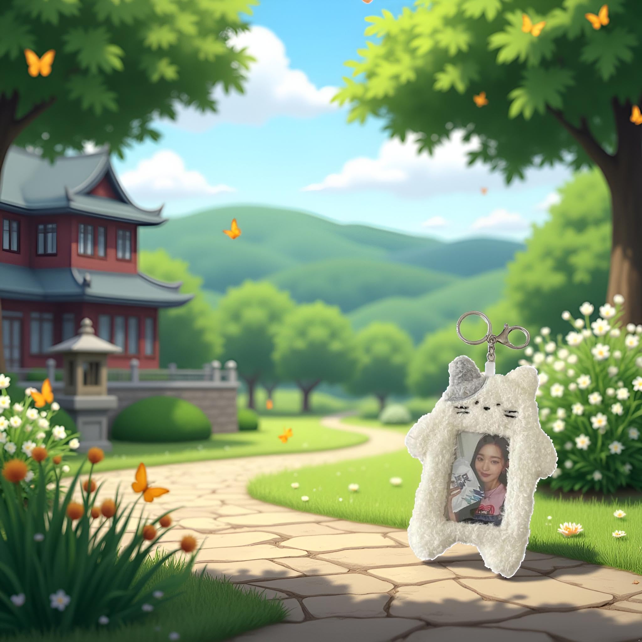 GEEHUA Cartoon Plüsch Fotokartenhalter,Kawaii Kartenhülle mit weißer Katze und Schlüsselanhänger niedliche Foto Schutzhülle für Kreditausweis Bankkarte Buskarte Studentenausweis Ausweis
