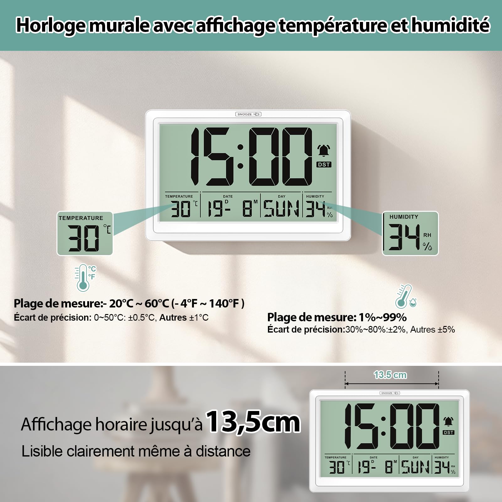 XREXS Horloge Murale Numérique 19,4 x 10,4 cm - Écran LCD HD, Réveil, Température & Humidité, 12/24h