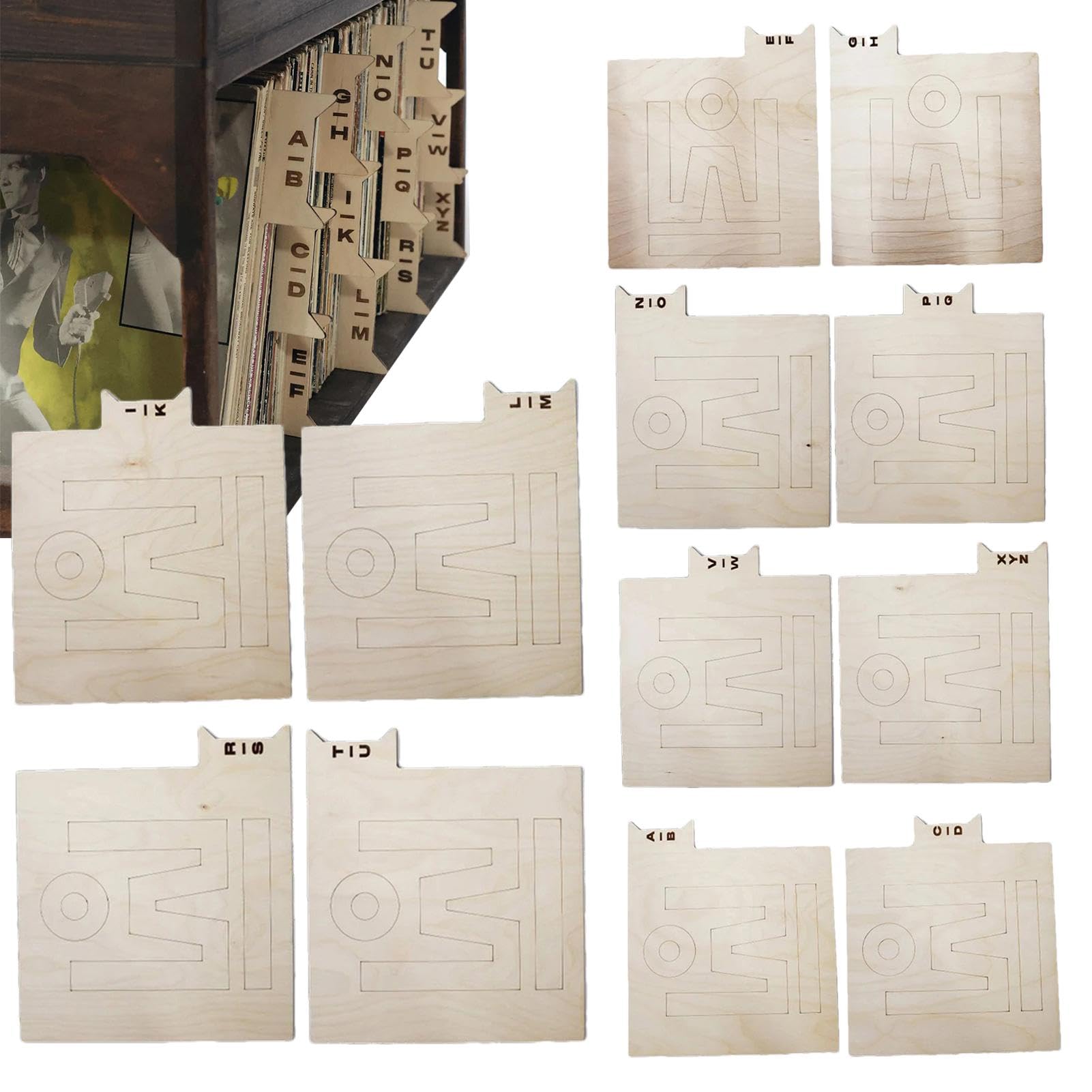 Divisori per dischi, divisori per archiviazione, divisori per armadietto, organizer in legno, separatore per lettere 'alfabeto, allineamento verticale e orizzontale su un lato, 12 pezzi alfabetici