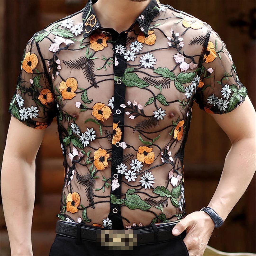 Deepsko Herren Transparent Hemd Sommer Hohlnetz Blumen Stickerei Spitze Kurzarm Oberteil