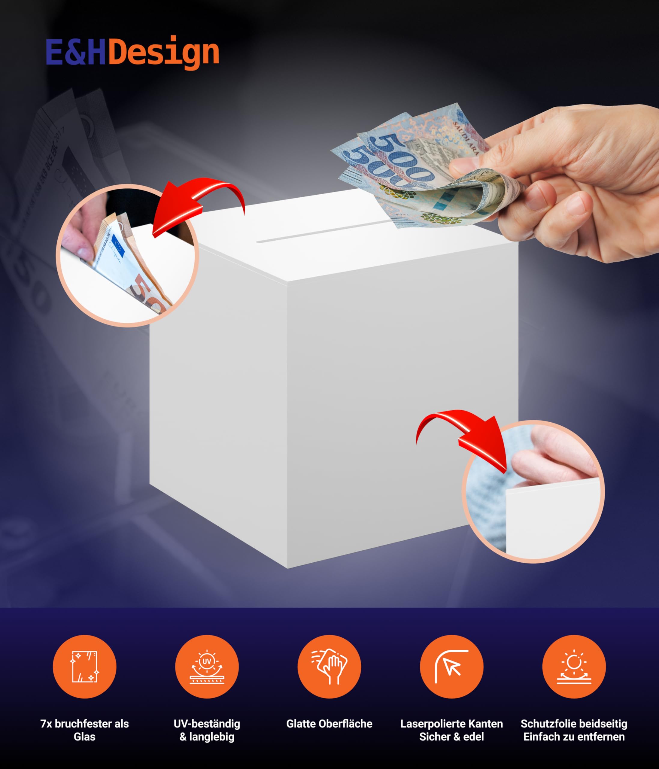 EH Design Spendenbox aus robustem Acryl – 15 x 15 x 15 – Weiße Acrylglas Box – Spendendose für Benefizveranstaltungen, Straßenfeste & Hochzeiten – Made in DE