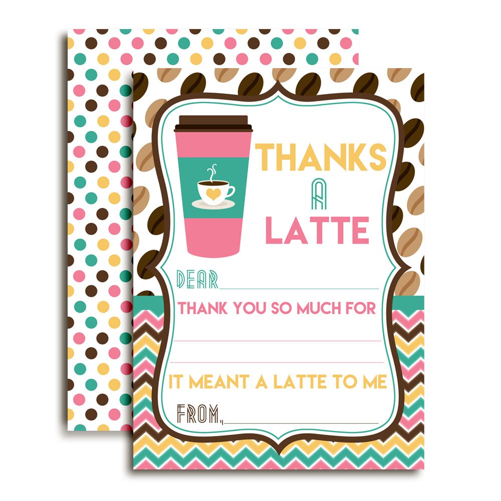 Thanks a Latte Coffee Themed Thank You Notes for Kids, Ten 4" x 5.5" Fill In The Blank Cards with 10 White Envelopes by AmandaCreation