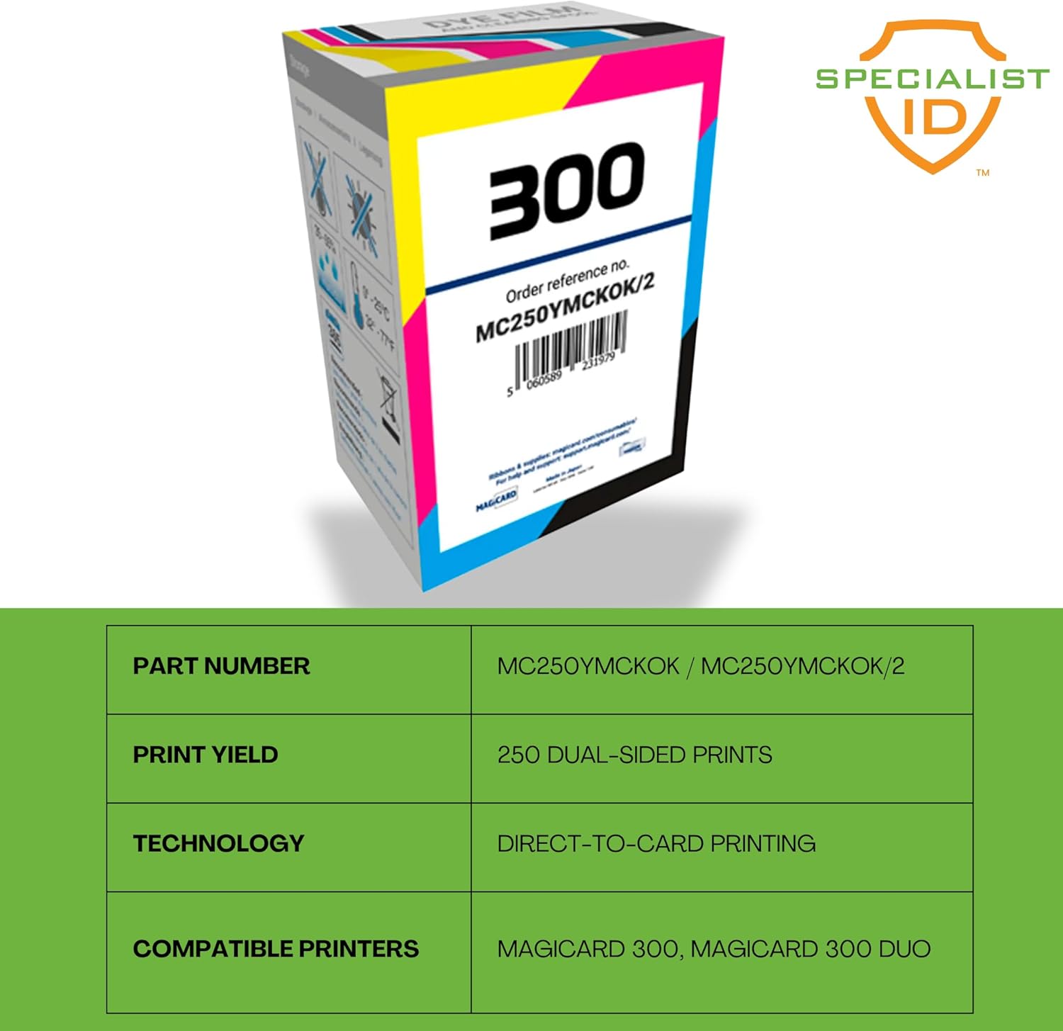 Magicard MC250YMCKOK Color Ribbon - 250 Prints - Full Color Front & Black Back - for Magicard 300 ID Duo Card Printers - MC250YMCKOK/2 Plus 10 Specialist ID Bonus 8030 PVC Cards