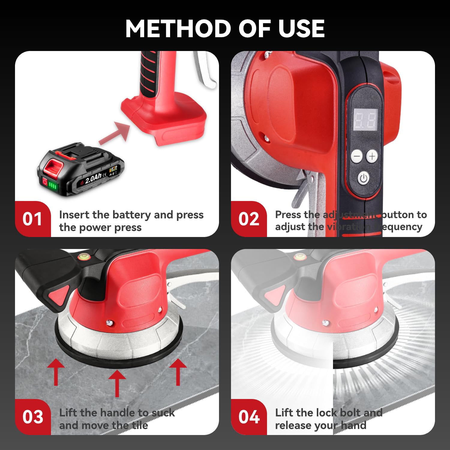 ONEVAN machine de vibration de tuile, vibrateur sans fil pour carrelage acec 2x2,0ah batteries, affichage numérique, 10 vitesses réglables, ventouse vibrante carrelage avec coffret pour carreaux 150cm