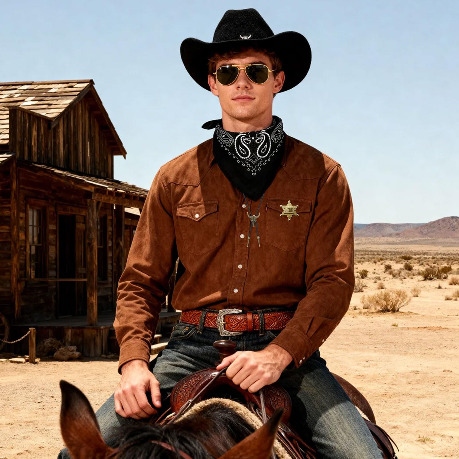 Crittygo Cowboy Outfit Kit for Men Western Cowboy Costume Accessories with Cowboy Hat Bandana Glasses Necklace Holster Belt Sheriff Badge for Halloween Western Theme Party - Image 3