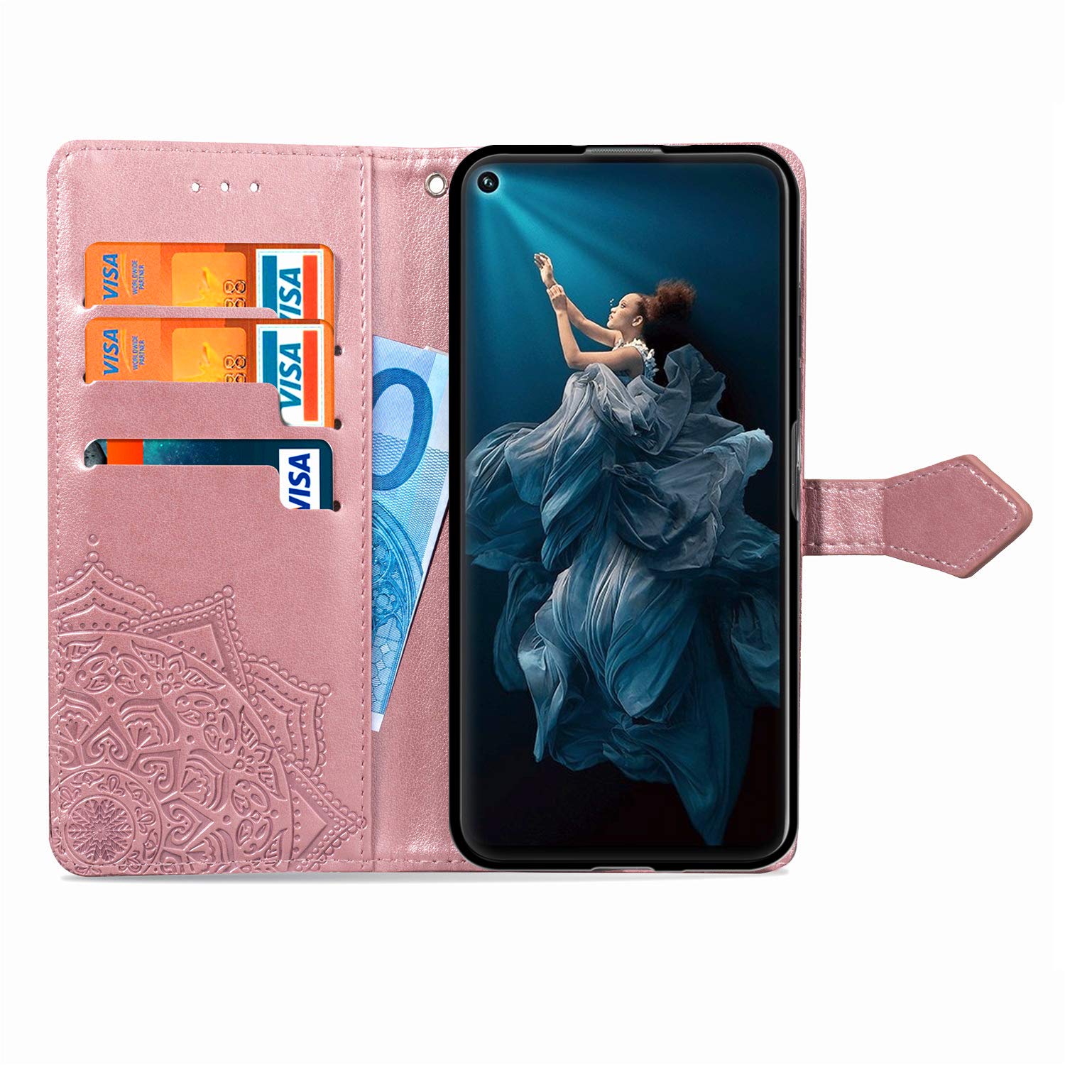 Fertuo Cover Huawei Nova 5T, Custodia Portafoglio a Libro in Pelle Flip Cover con Porta Carte, Kickstand, Chiusura Magnetica [Disegni di Mandala] Case Antiurto per Huawei Nova 5T, Grigio