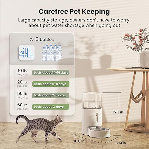 Miniatura 3 de CZPET Dispensador automático de agua para gatos de 4 litros135 onzas con cuenco de acero inoxidable, bebedero por gravedad para perros pequeños,
