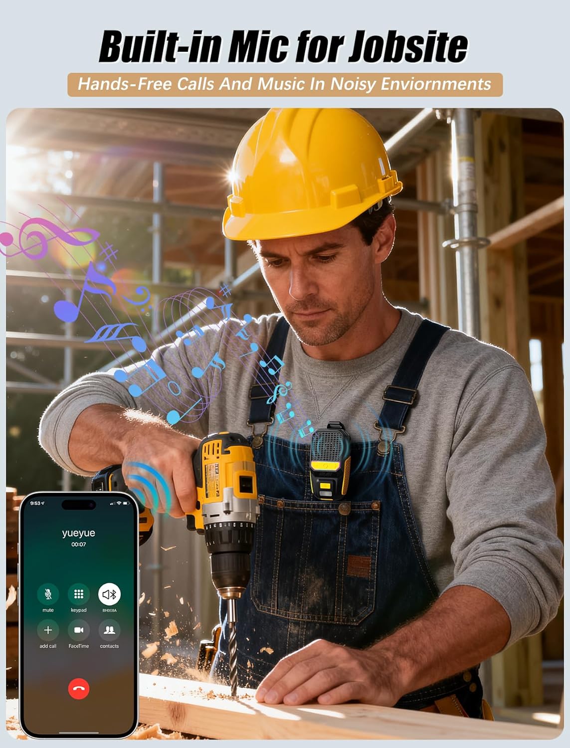 Man on jobsite using GBEAST speaker for hands-free call