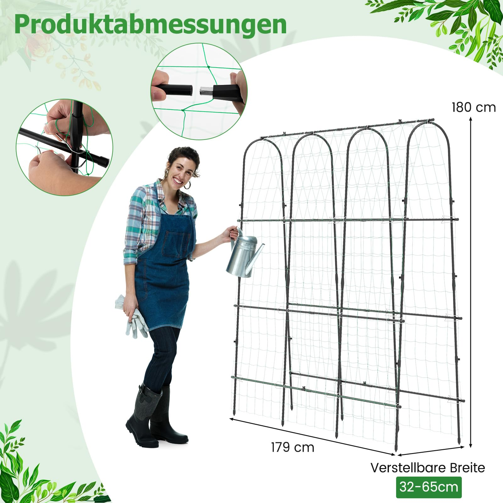COSTWAY Zestaw podpórek do roślin pnących, regulowana szerokość, kratka dla roślin pnących, kwiatów, warzyw, pergola do roślin, czarna, 179 x 32-65 x 180 cm