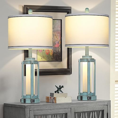 Miniatura 8 de Farmhouse Lamps Set of 2, 26" Vintage Rustic Industrial Beside Lamps with USB A+C Charging Ports & AC Outlet, Nightstand Metal Lamp with LED Night