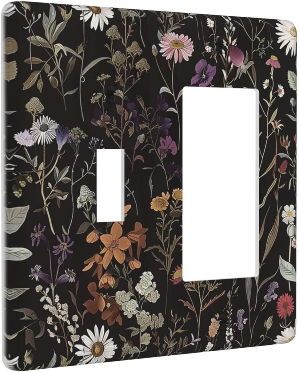 Light Switch Cover Black Colorful Florals Daisy Flower Vintage Plants 2 Gang Toggle Rocker Combo Socket Cover Wall Plates Decorative Switch Plates and Outlet Covers for Bathroom Bedroom Decor image 2
