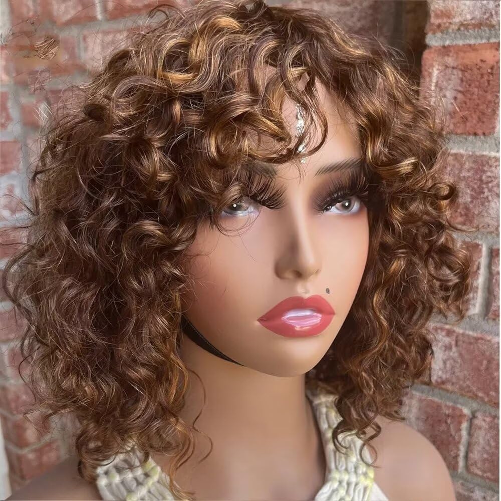 #4/27 Short Bob Curly Human Hair Wigs with Bangs 13X4 HD Lace Front Pixie Cut Ombre Blonde Wig for Women Brown Short Bob Wig Glueless Natural Hairline Wig 180% Density 8Inch