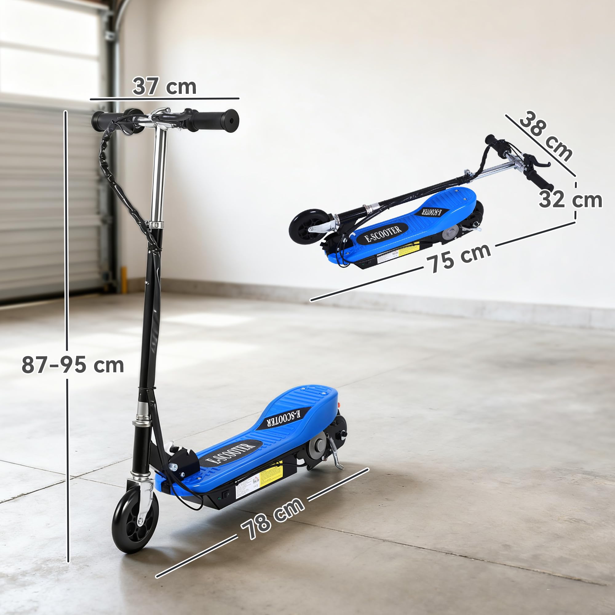 HOMCOM Patinete Eléctrico Plegable para Adolescentes 78x37x87-95cm | Velocidad de 10 km/h, Manillar Ajustable en Altura, Frenos, Carga Máx. 50 kg
