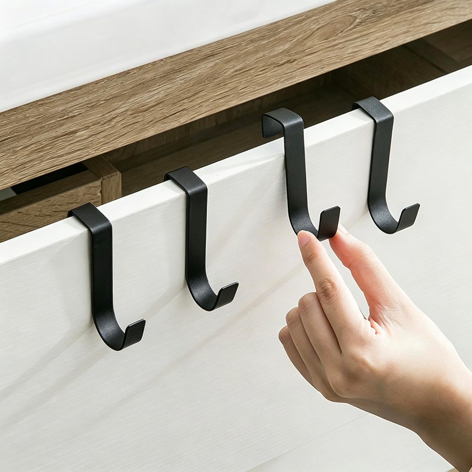Over Cabinet Door Hooks, 4 Pack Heavy Duty Metal J-Hooks for Kitchen, Bathroom, Laundry Room, Cabinet Hooks for Hanging, Hold Up to 7 lbs, Space-Saving Organizer - Black