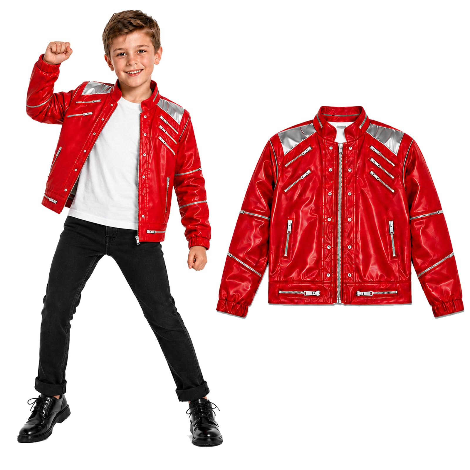 Kids Pop Star Jacket Costume Boys 80s Retro Red Stage Cosplay Outfit