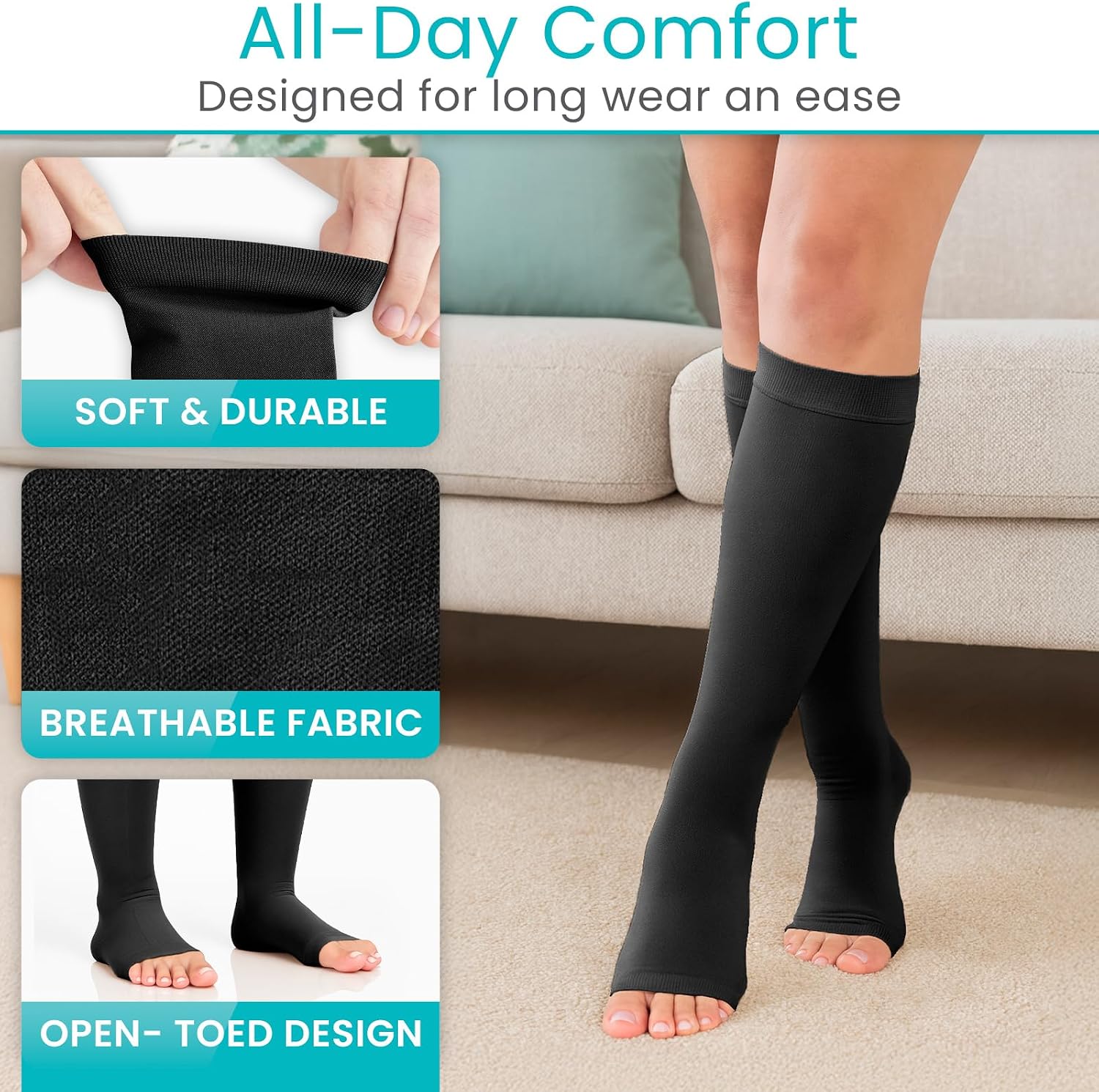 Vive 15-20 mmHg Medical Grade Compression Socks for Women & Men Open Toe - Knee High Support Stockings for Varicose Veins, Lymphedema, Plantar Fasciitis, Pregnancy, Restless Legs Syndrome, Swelling