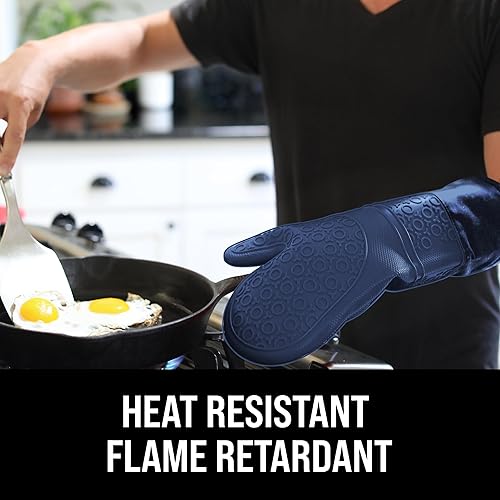 Vista 17 de Guantes de horno de silicona con forro de algodón acolchado – profesional resistente al calor olla de cocina soportes – 1 par, Negro