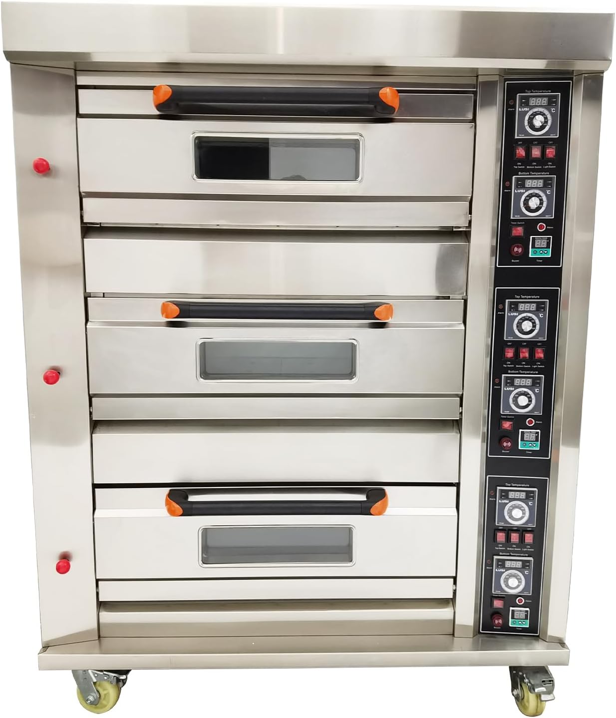 Gas Heating Pizza Oven Commercial Electric Pizza Oven Three Layers Movable Large Triple Oven Stainless Steel Baking Oven 0℃-400℃ Multipurpose Pizza Oven with 6 Baking Dishes 110V 300W