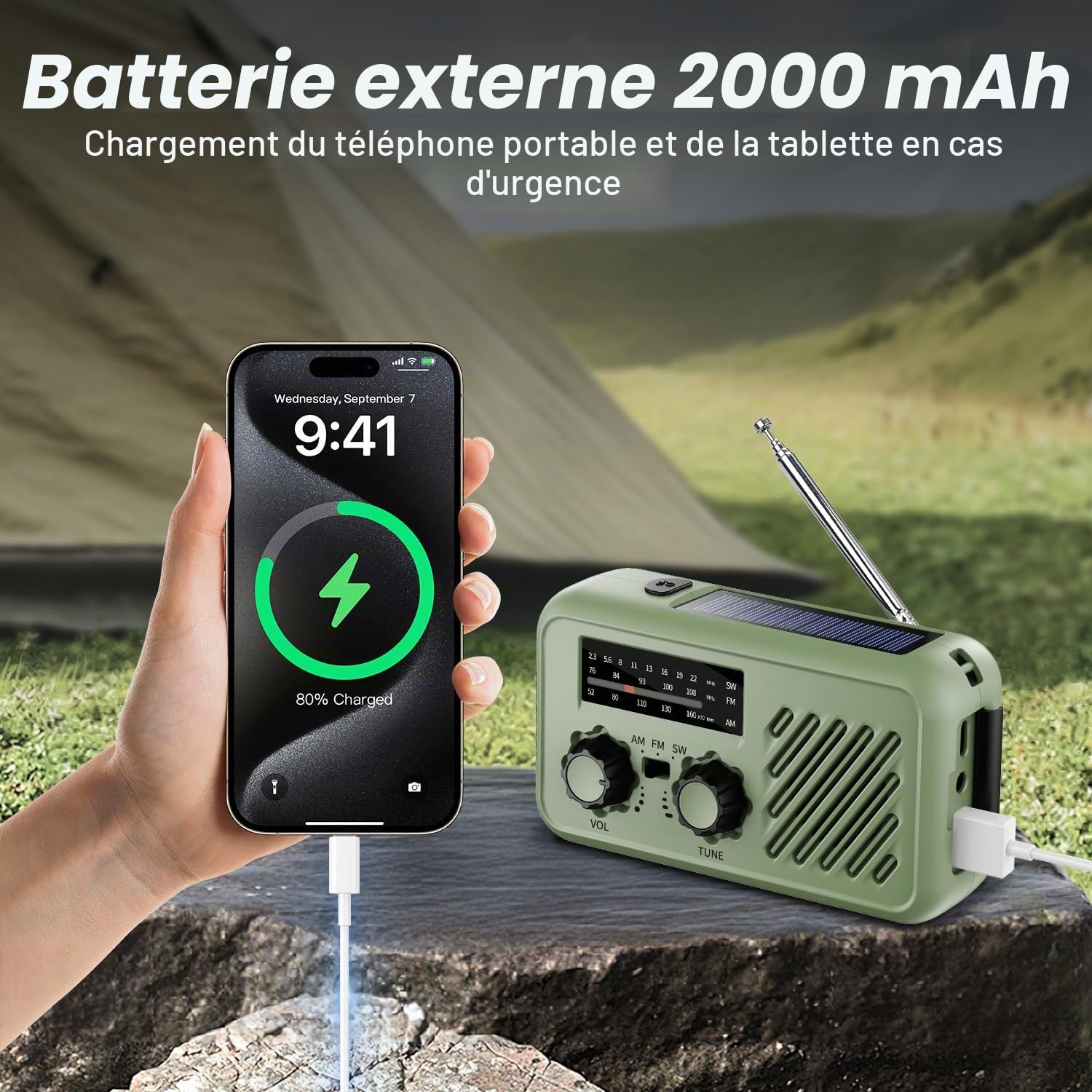 Radio Portable Urgence, AM/FM/SW Radio a Piles Survie, Radios Solaire Rechargeable à Manivelle avec Alarme SOS, 2000mAh Powerbank, Lampe de Poche, Lampe Lecture LED