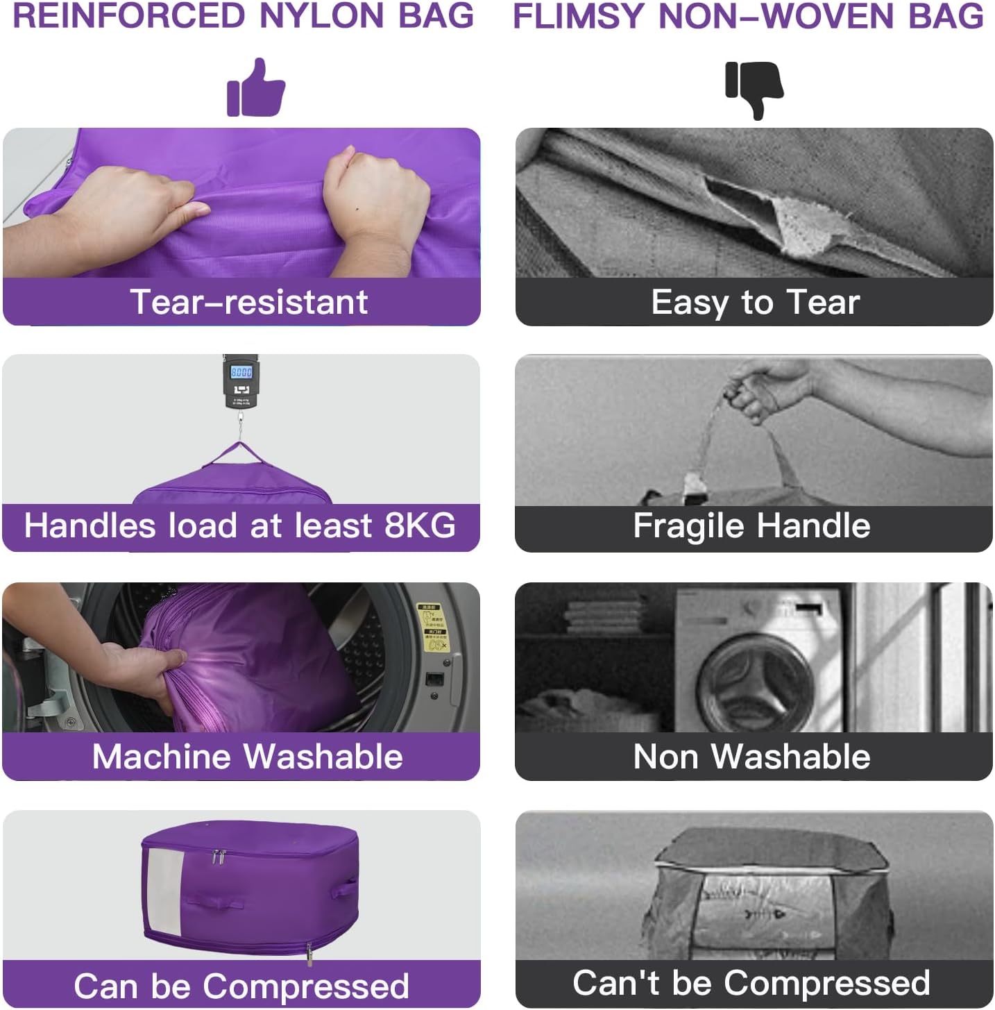 Four Oxford Cloth Comforter Storage Bags - Space-Saving, Large-Capacity, Washable, Suitable for Storing Blankets and Bedding, Purple
