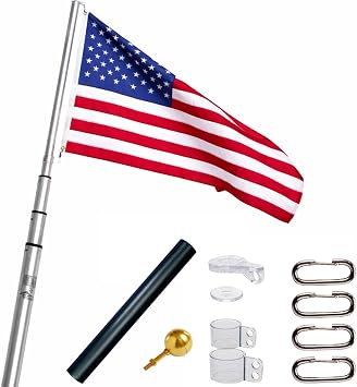 Ezpole Liberty Telescoping Inground Flag Pole Kit For Outdoors-Winds To 130 Mph. Dual Flag Pole Holder For Outside House-Made In USA-Includes Pole Flag Ground Sleeve Hardware 17 Ft.