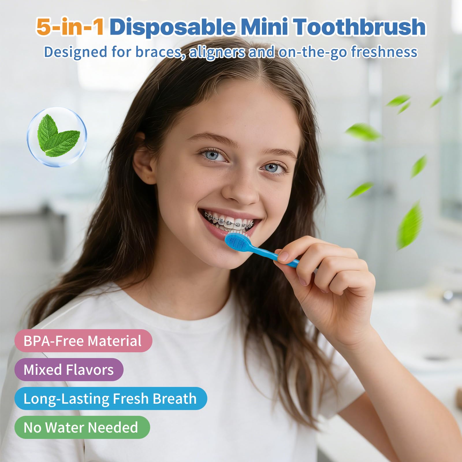 Spazzolino da denti usa e getta 5 in 1 con dentifricio (confezione da 70), mini spazzolini da viaggio con setole morbide, filo interdentale, stuzzicadenti e raschietto per lingua, senza
