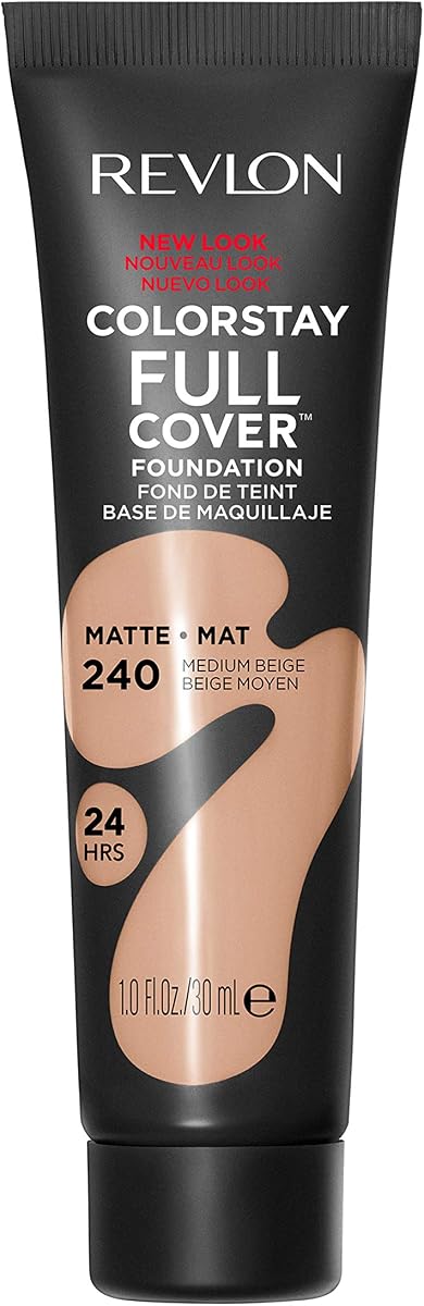 Base de maquillaje Revlon ColorStay Full Cover, 240 beige medio, 1.0 fl oz | Base mate de larga duración y cobertura total. Maquillaje facial ligero, resistente al calor y al sudor.