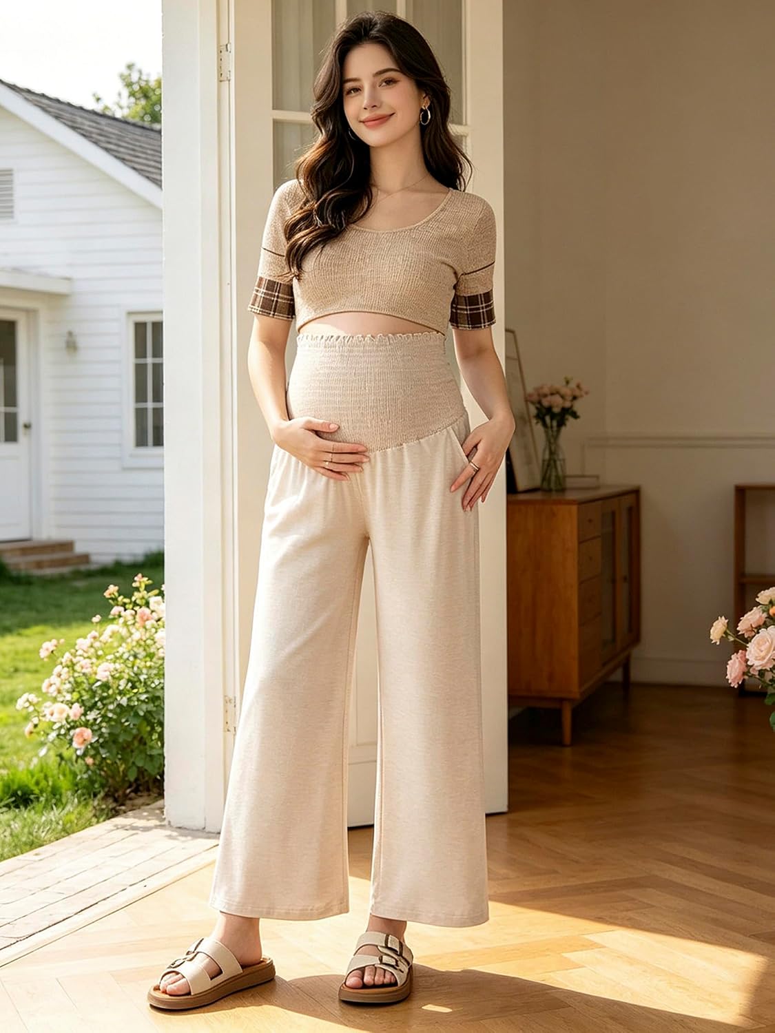 Women's High Waist Smocked Palazzo Pants Maternity Office Work Trousers for Pregnancy Casual Wear