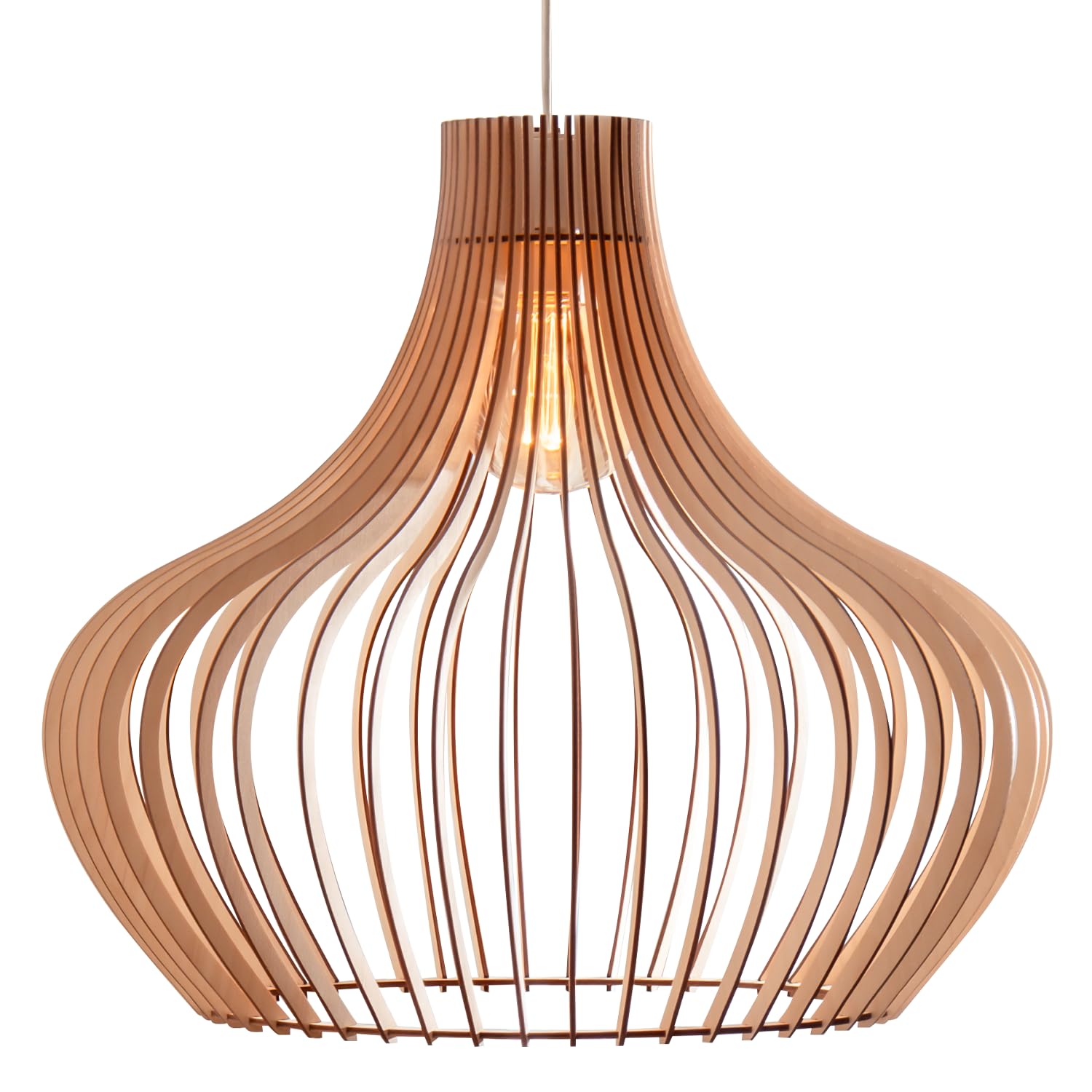 Pendelleuchte Holz „Iduna“, skandinavische Hängelampe Esstisch + Wohnzimmer, Boho Hängeleuchte höhenverstellbar + dimmbar mit E27 Fassung (HxD 50x55 cm, Iduna)