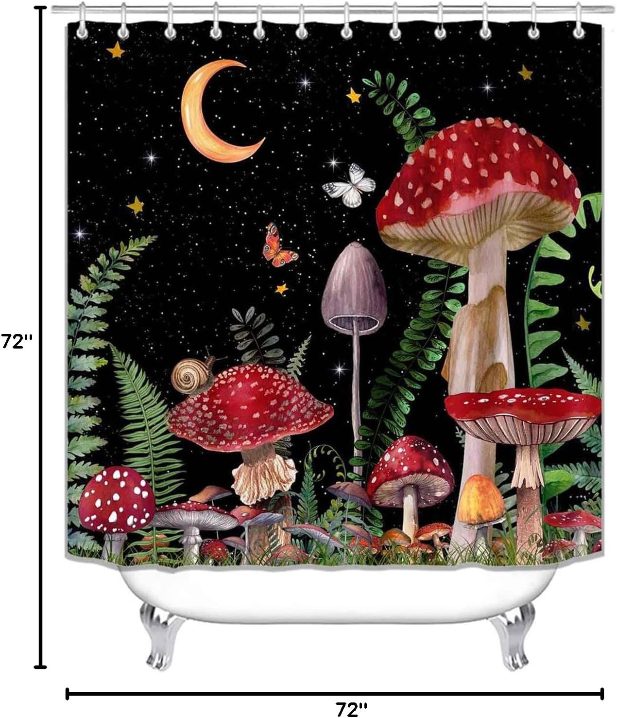 4PCS Red Mushroom Shower Curtain Sets with Rugs, Waterproof Fabric Black Shower Curtain, Galaxy Moon Stars Butterfly Snail Green Plant Botanical Boho Aesthetic Girls Boys Kids Bathroom Decor
