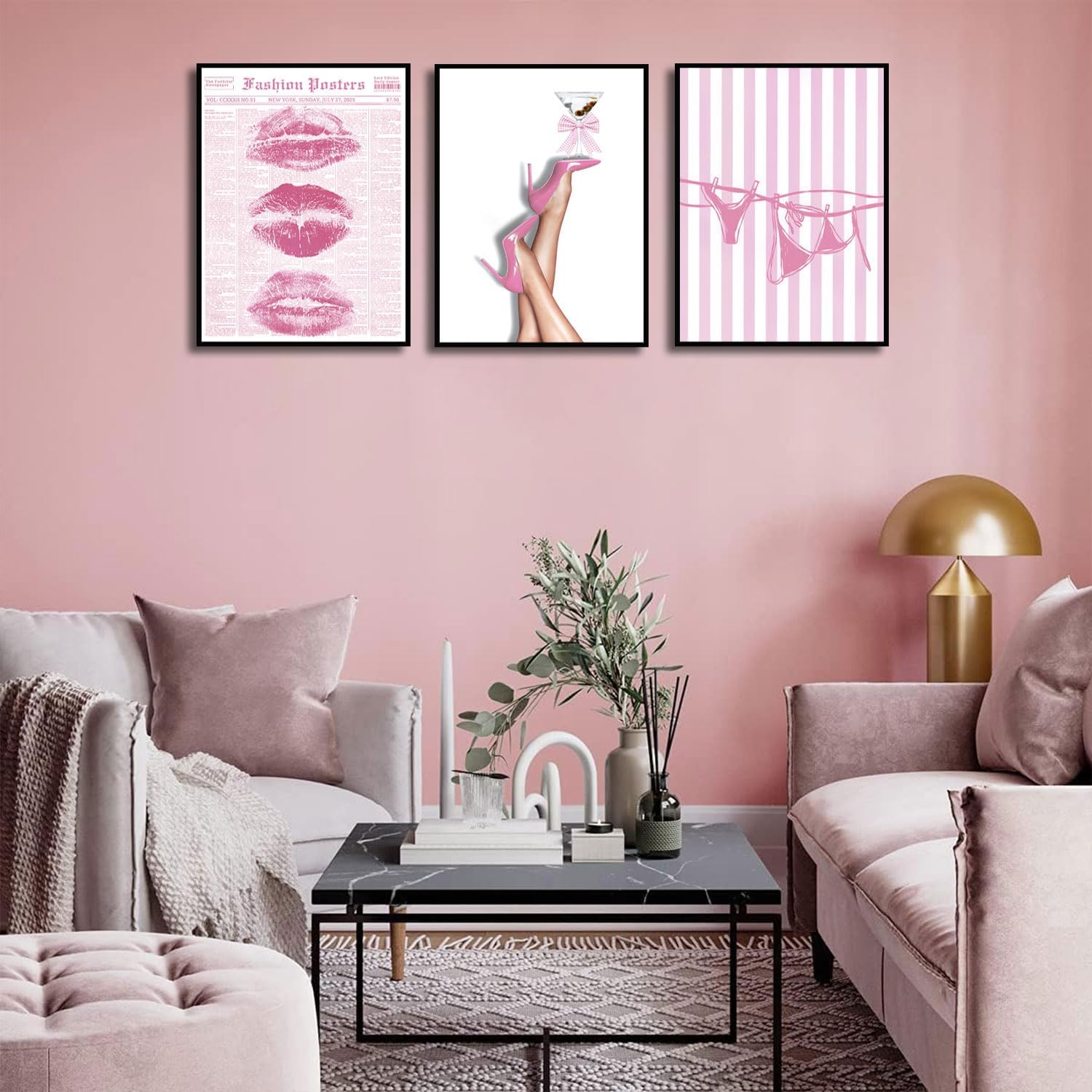 3Pcs Trendy Coquette Wall Art Pink Lips Bikini & Bow Heels Wall Decor Pictures Vintage Martini Newspapaer Canvas Posters Prints for Y2K Girly Room Dorm Apartment Preppy Aesthetic Decor 16x24in