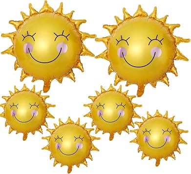 6 Pcs Sun Smil Foil Balloons Sunshin Aluminum Balloon Gold Summer Sun Helium Mylar Party Balloons for Birthday Baby Shower Party