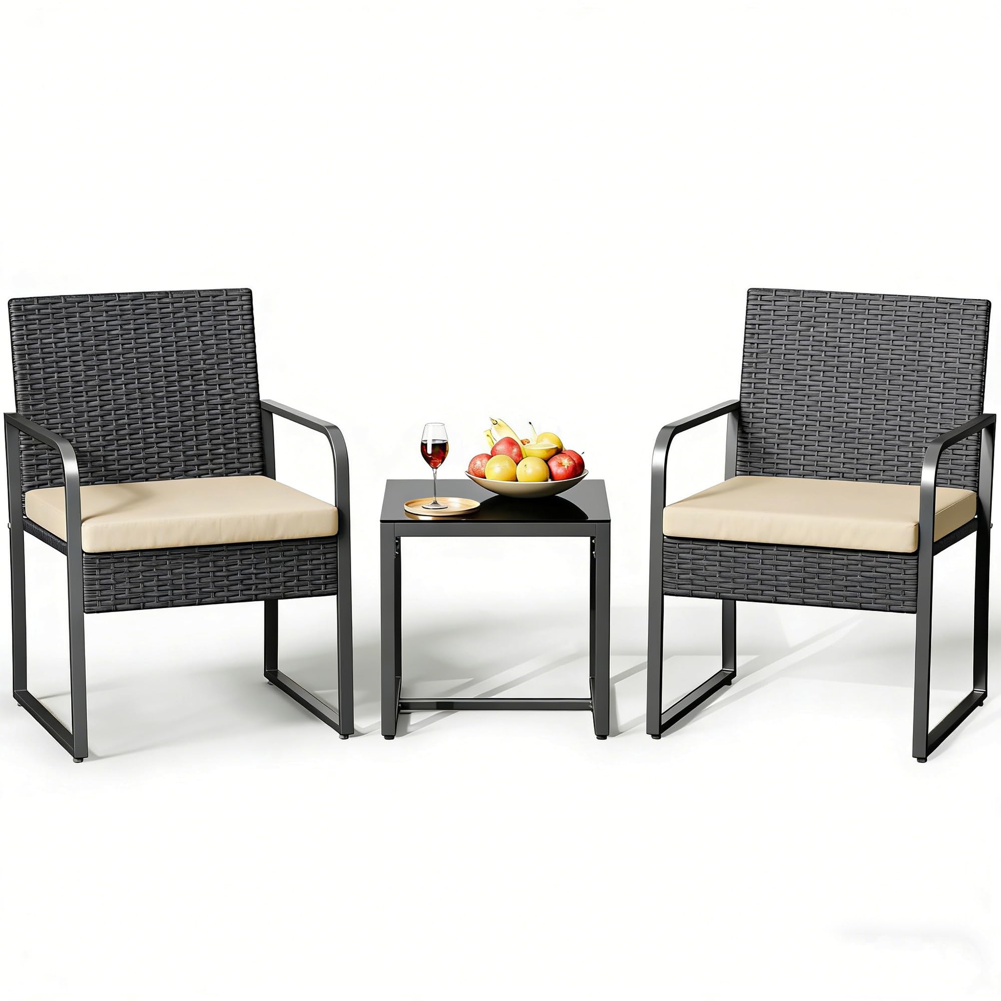 Gizoon 3 Pieces Patio Bistro Sets, Outdoor Rattan Conversation with Glass Table, Wicker Furniture Set with Cushion, for Backyard, Porch, Poolside, Lawn, Beige