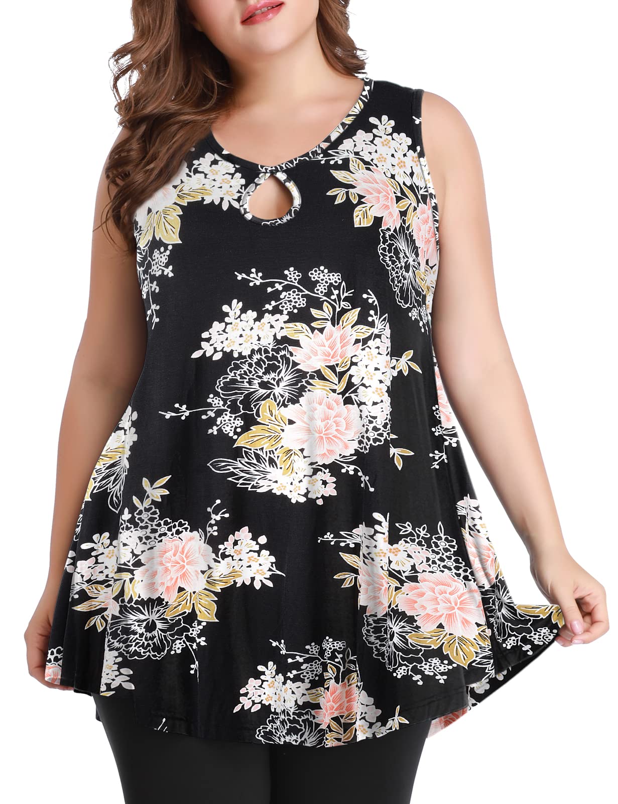MONNURO Womens Plus Size Sleeveless Keyhole Summer Sexy Shirts Casual Loose Flowy Swing Tunic Tank Tops