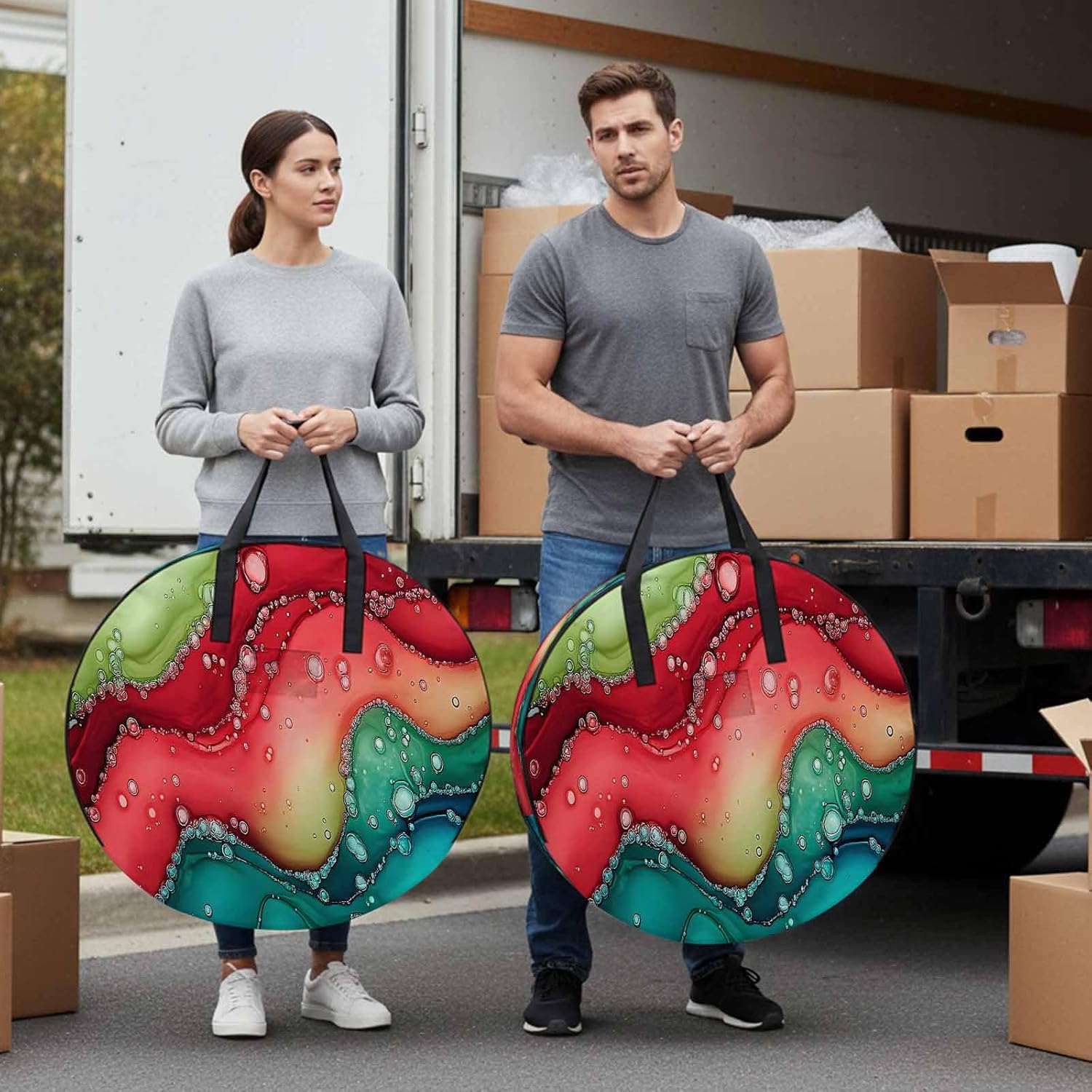 Watercolors Red Blue Green Round Storage Bag 36 Inch, Modern Art Clothes Storage Container with Handles Heavy Duty Organizer for Comforter, Bedding & Holiday Wreaths