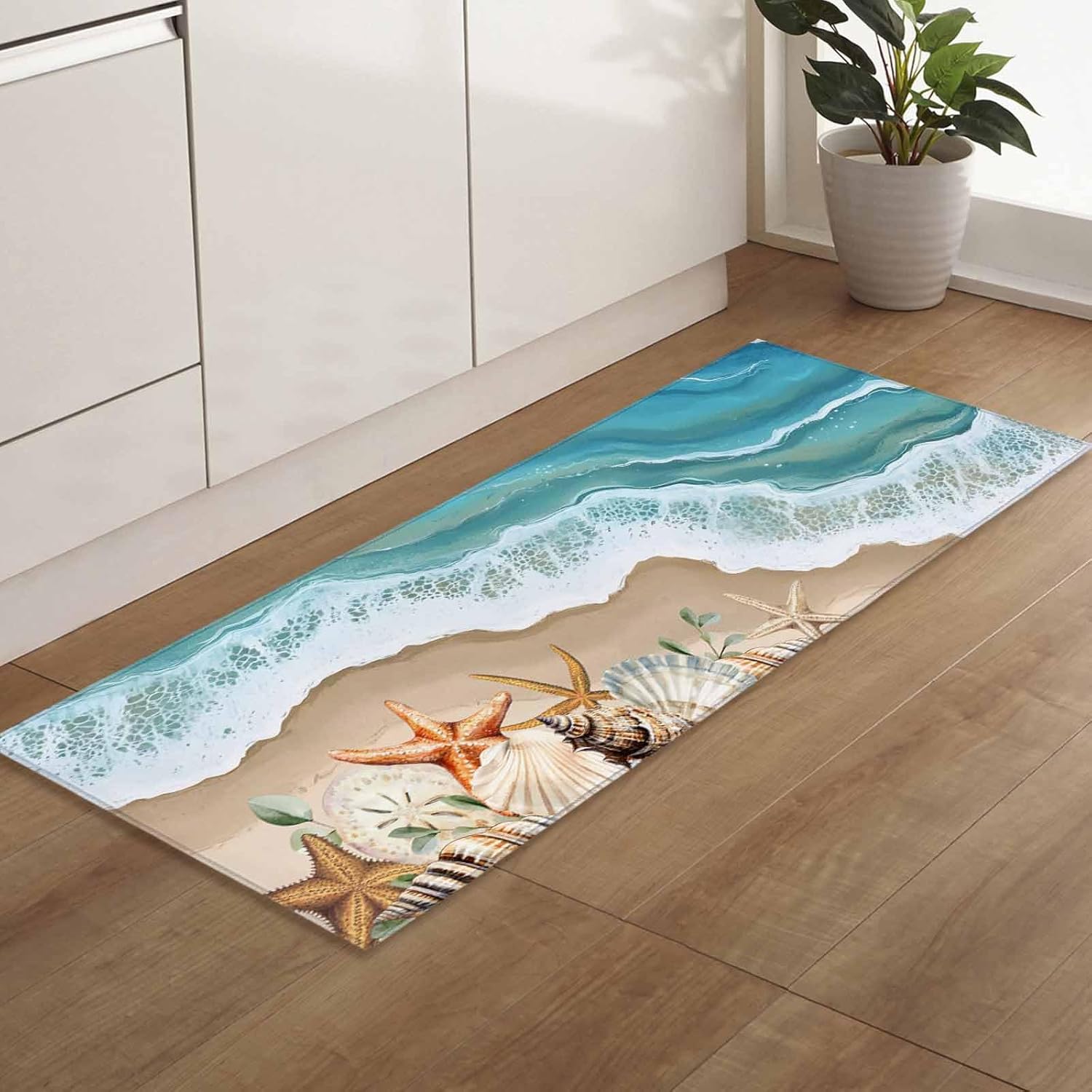 2 Pieces Kitchen Rugs and Mats,Nautical Coastal Ocean Wave Area Runner Rug Set Non Slip Floor Doormat Washable Carpet Standing Mat for Kitchen Sink Indoor Corridor,Summer Beach Seaside Starfish Shell
