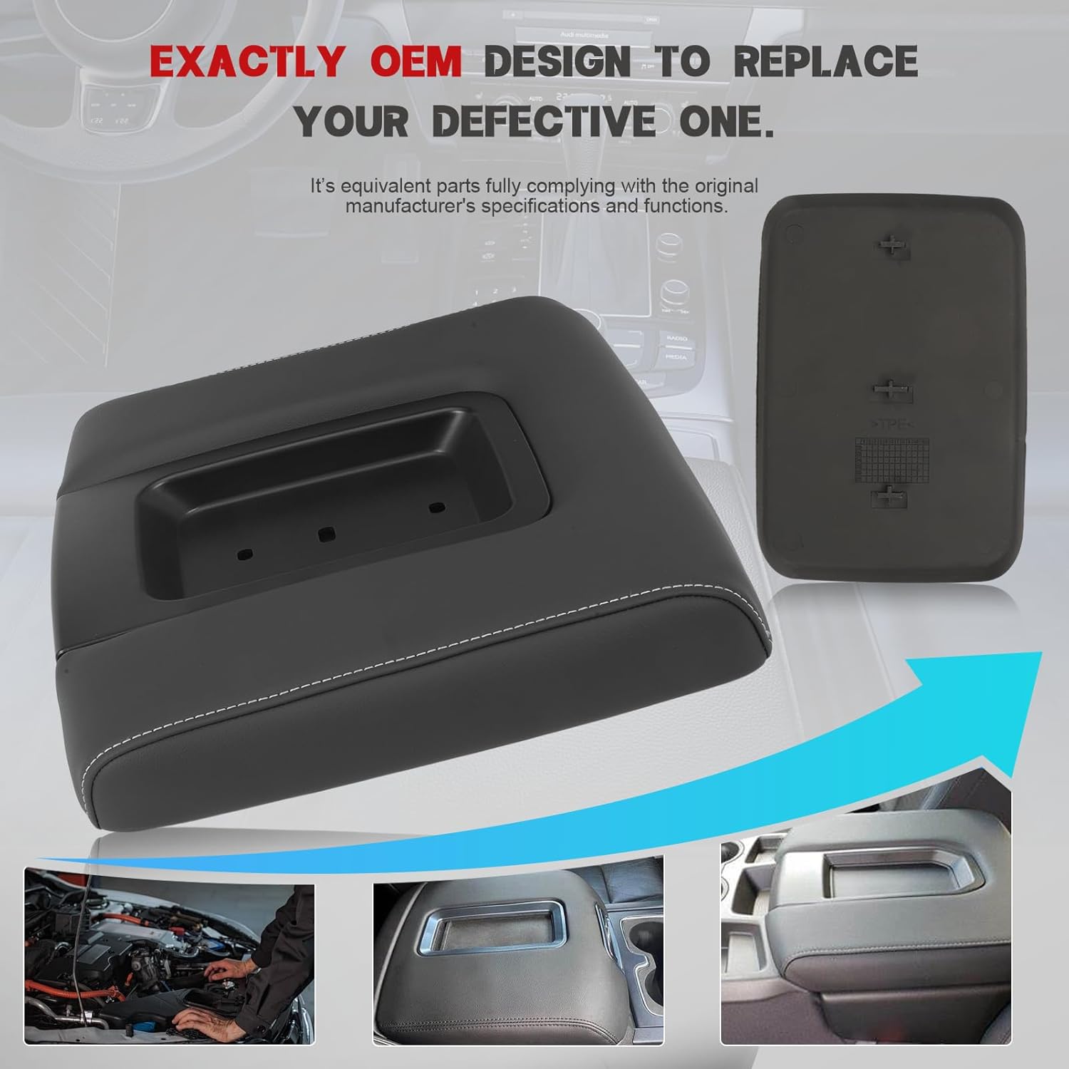 22881398 Front Center Console Armrest Lid Middle Seat Black Leather for (2014-2020) Tahoe Silverado 1500 2500 3500 HD, Escalade ESV, Yukon Sierra, 22876379