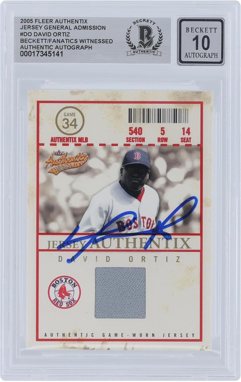 David Ortiz Boston Sox Autographed 2005 Fleer Authentix General Admission Jersey Relic #JA-DO Beckett Fanatics Witnessed Authenticated 10 Card - Baseball Slabbed Autographed Cards