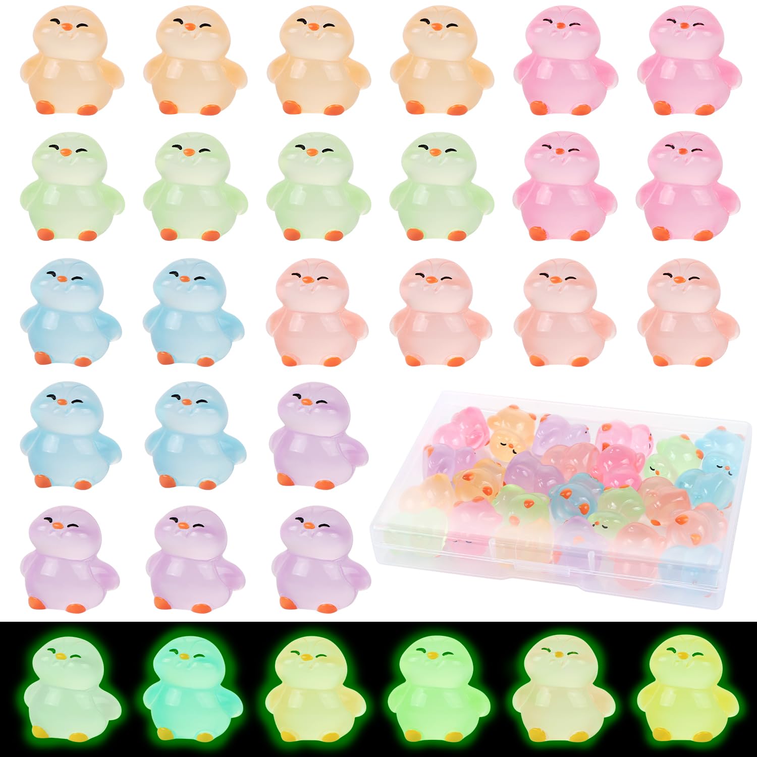 UHOMENY 24pcs Glowing Resin Tiny Penguin Statue Cute Mini Penguin Animals Figurines Cupcake Toppers for Garden Landscape Home Decor Cake Decoration DIY Crafts
