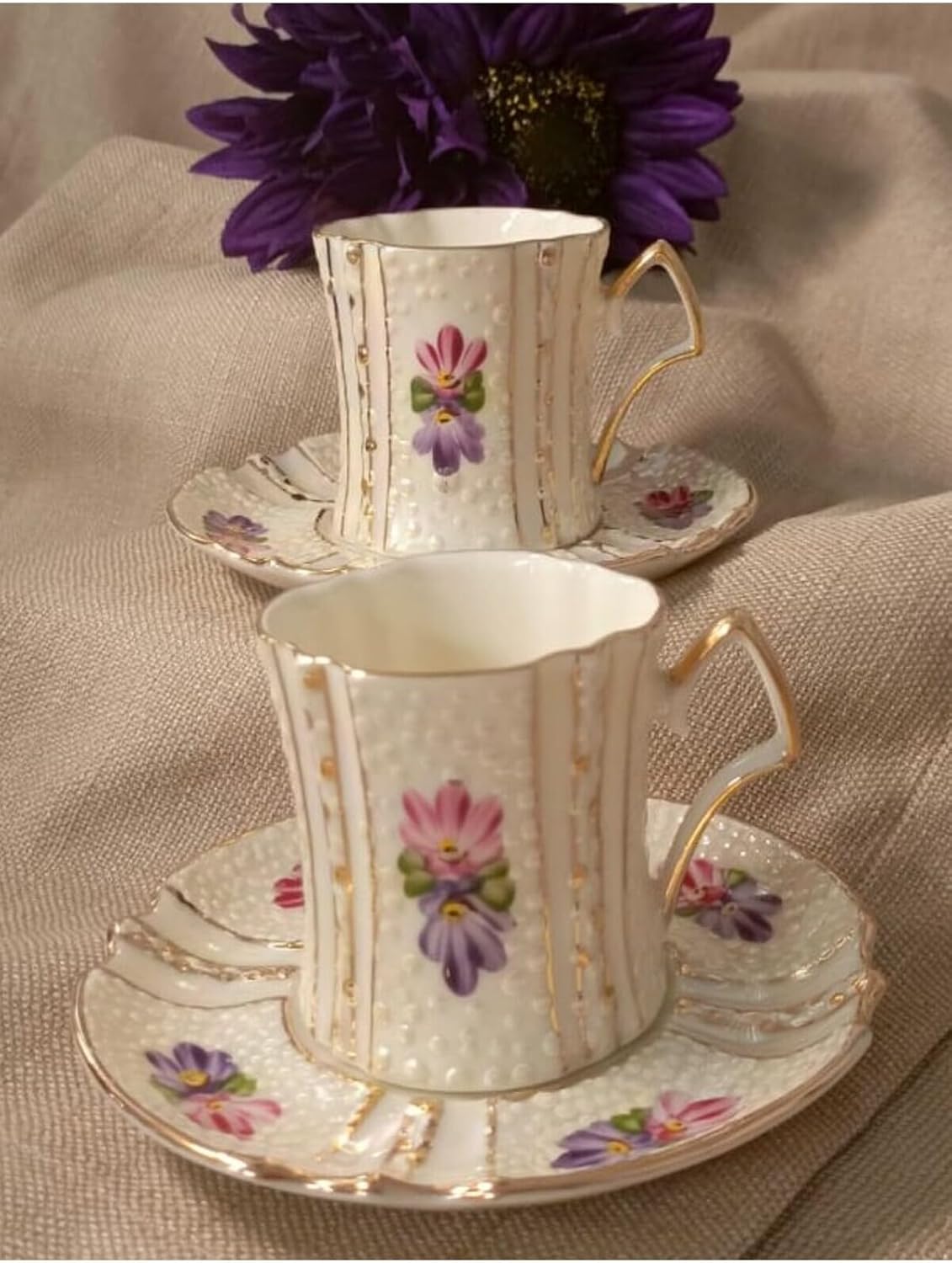 SODEF Coffee Cup Set Porcelain Hand Decorated 2-Piece 85ml Modern Design Cream Color for Special Occasions - Cream, One Size