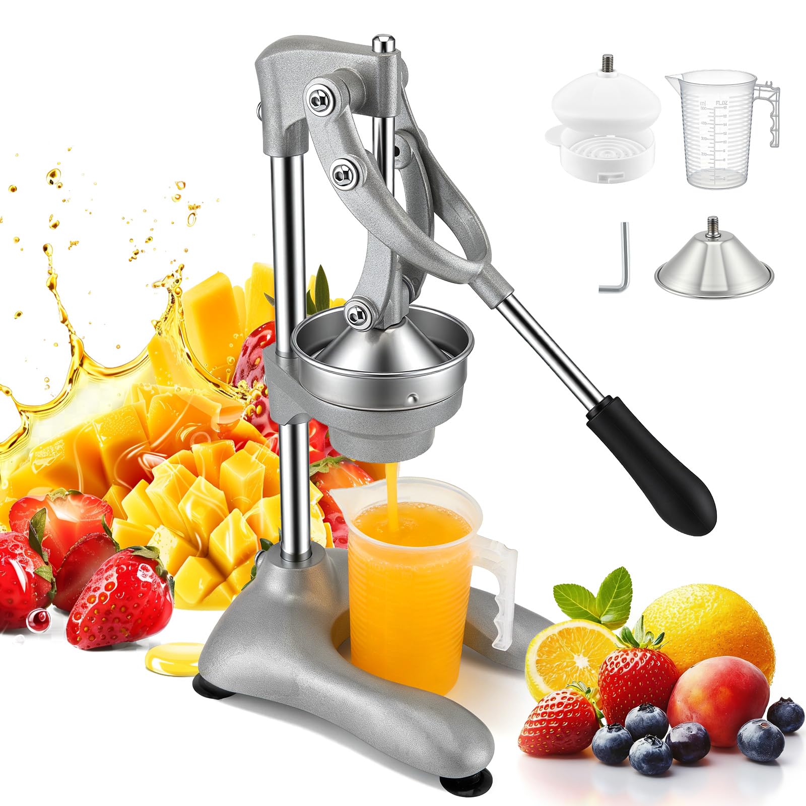 Saftpresse Manuell Profi, Zitruspresse mit Hebel für Orangen Zitronen Grapefruit, Gastro Qualität Aluminium Edelstahl, kraftsparende Fruchtpresse ohne Strom inklusive 500ml Messbecher
