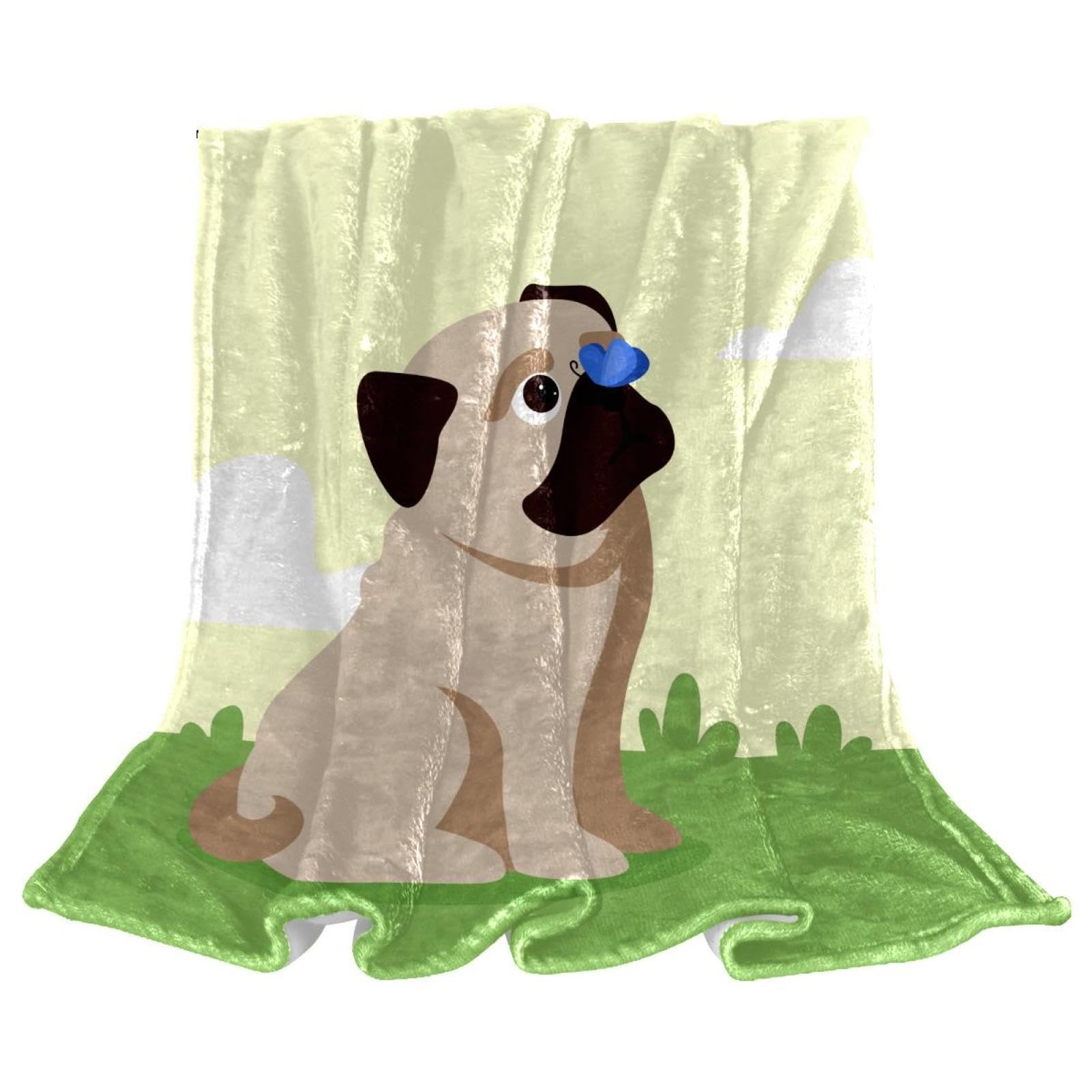 Couverture Polaire Chien Carlin Jaune Couverture Plaid Chaude Douce pour Lits Canapés Chaises Divans 150×200cm
