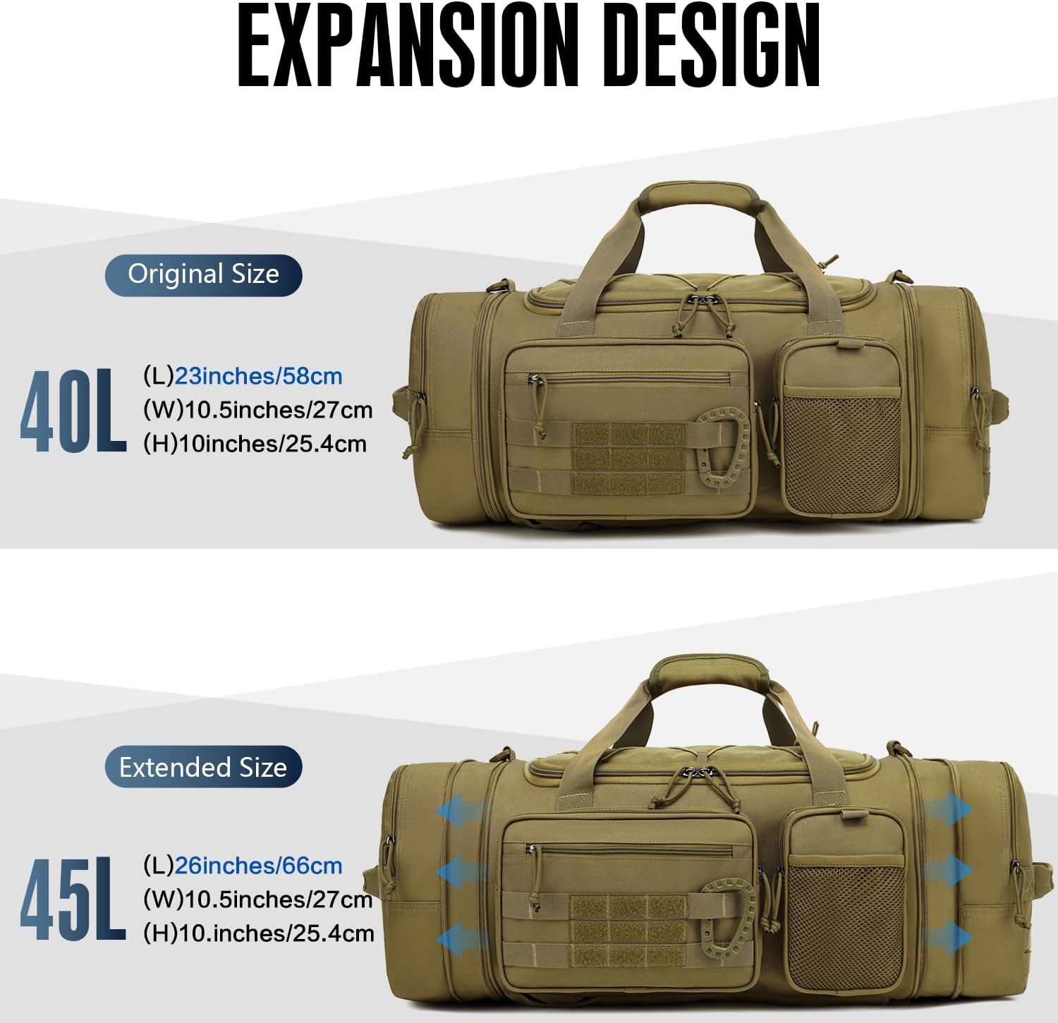 3 in 1 Tactical Gym Bag Backpack for Men 40-45L Expandable Travel Duffle Bag for Women Military Sport Duffel Bags Weekend Overnight with Shoe Compartment & Wet Pocket for Fitness, Brown - Image 4