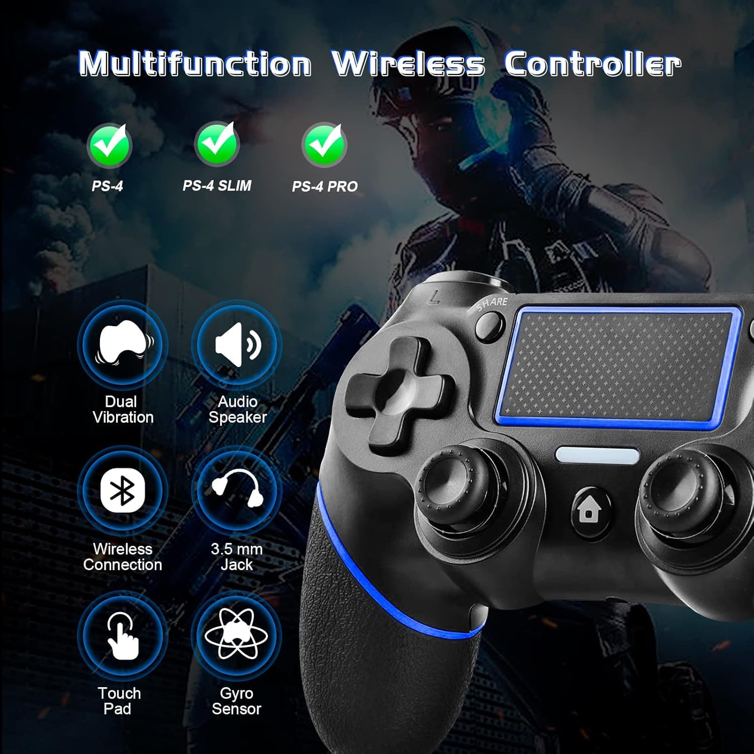 Lyyes PS4 Controller 2 Pack, Wireless PS4 Controllers with Non-Slip Grip Motion Sensing Compatible for PS4 Console - Image 5