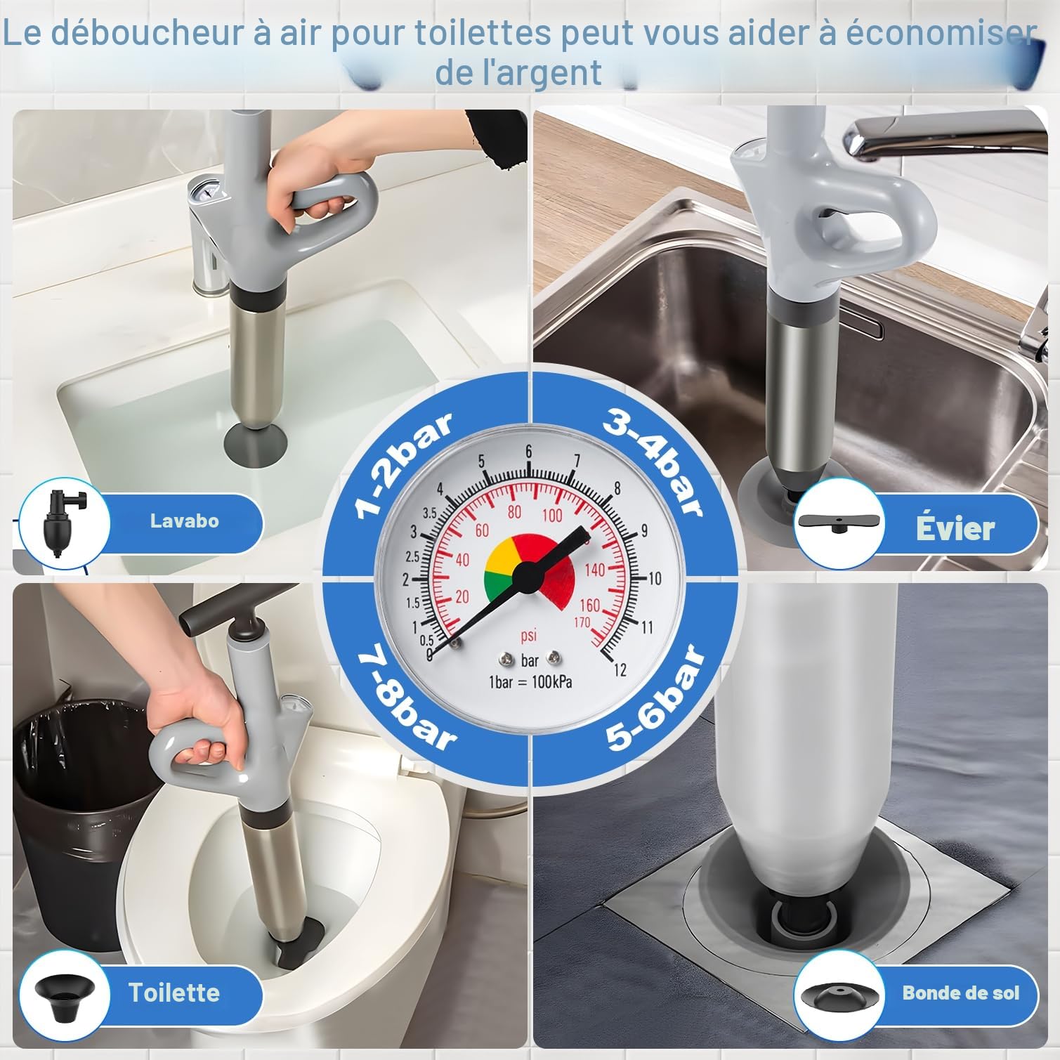 Déboucheur WC, Déboucheur Canalisation,Ventouse Deboucheur Evier pour Toilettes, Adapté aux Baignoires,Toilettes, Douches, Lavabo
