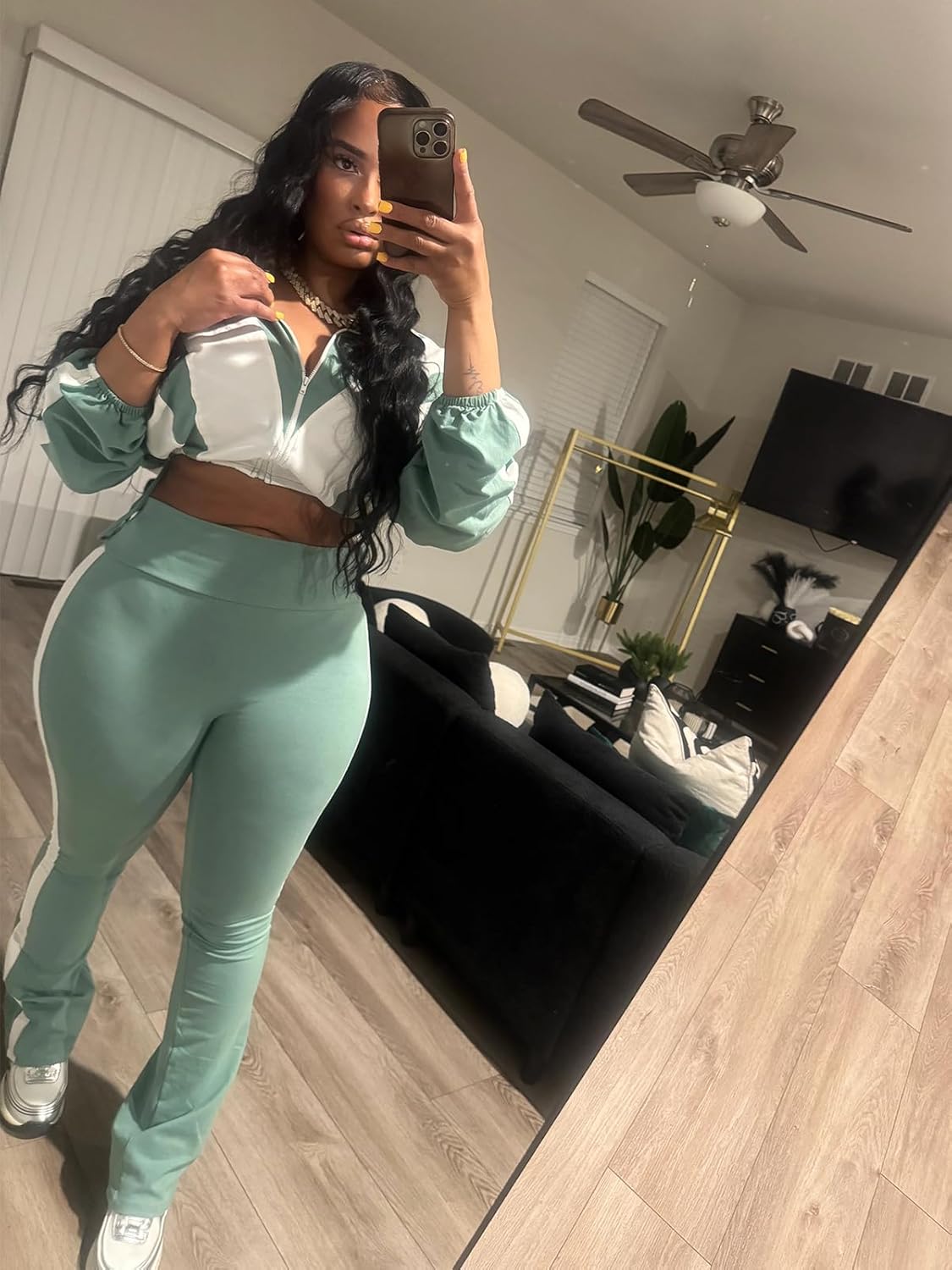 Womens Sweatsuits 2 Piece Set Contrast Color Long Sleeve Zip Up Cropped Jacket Leggings Pants Jogger Track Suits - Image 2