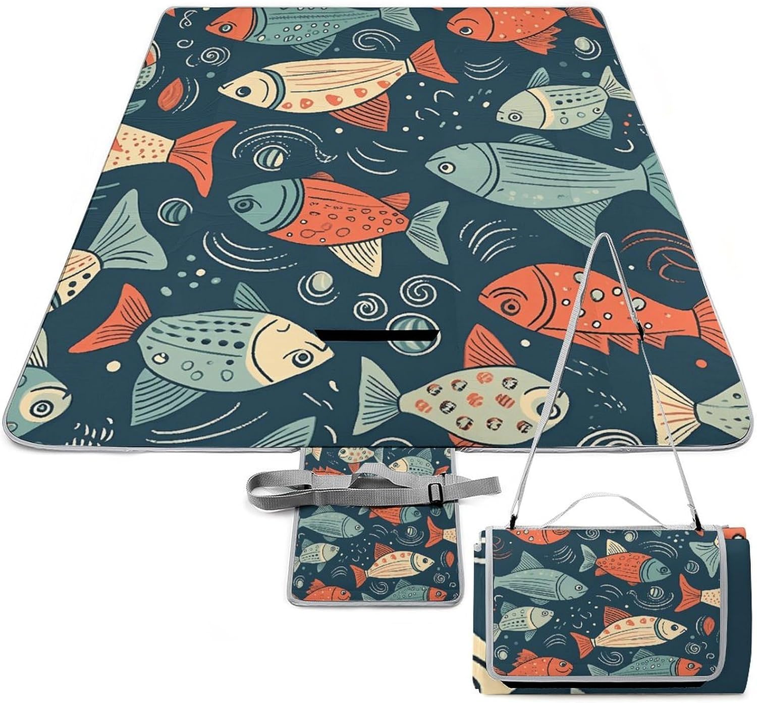 Animation Style Fish Waterproof Picnic Blanket 58.3''x58.3'',Portable and Foldable Picnic Mat with Handle,Outdoor Blankets for Lawn Park Beach Travel