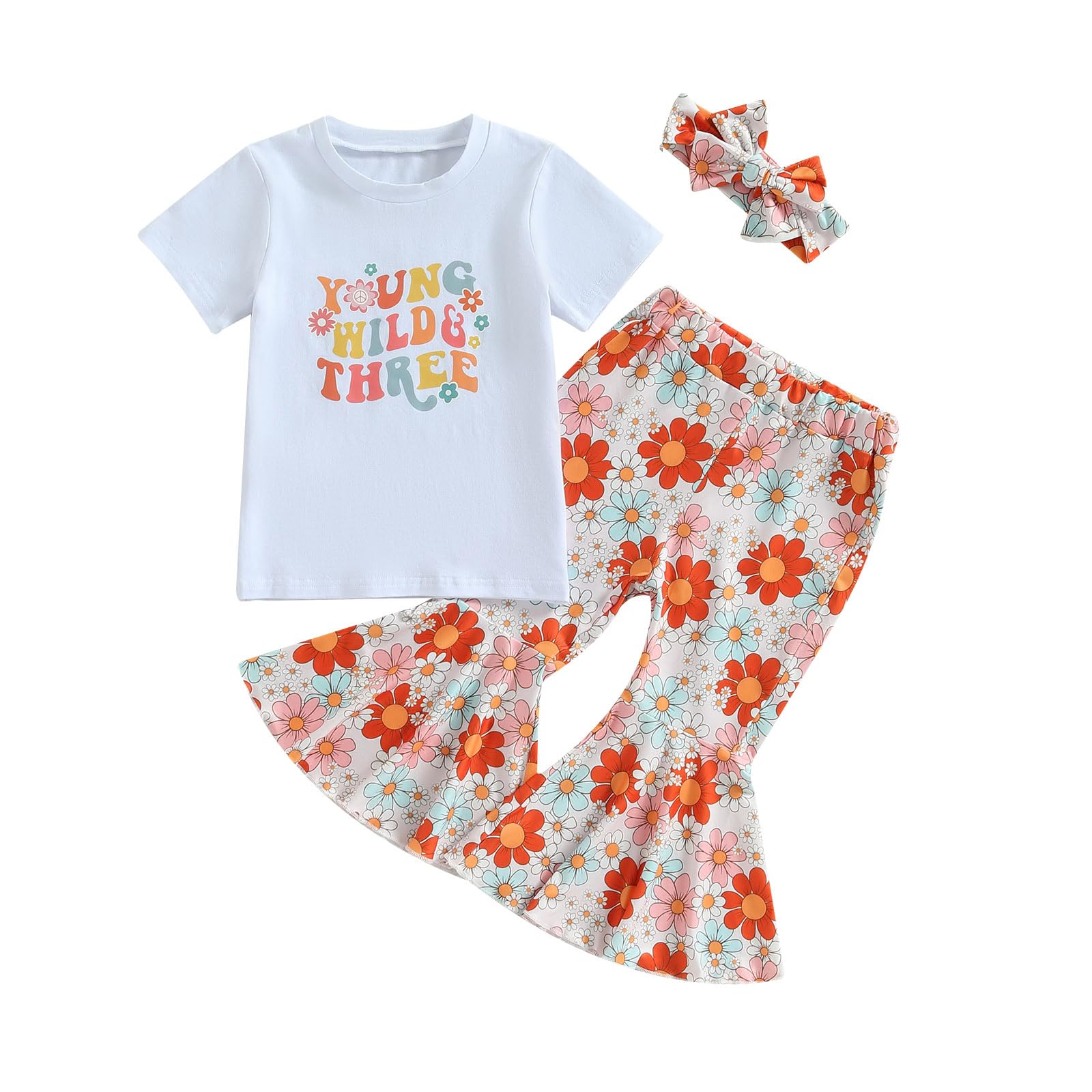 SAYOO Conjunto de 3 piezas de verano para niñas pequeñas, conjunto de cumpleaños con letras y borlas, diseño floral, pantalones largos acampanados